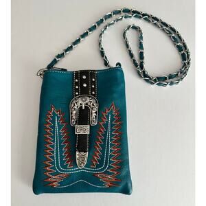 Rustic Couture Turquoise Western Style Studded Belt Buckle Crossbody Bag 6 x 8
